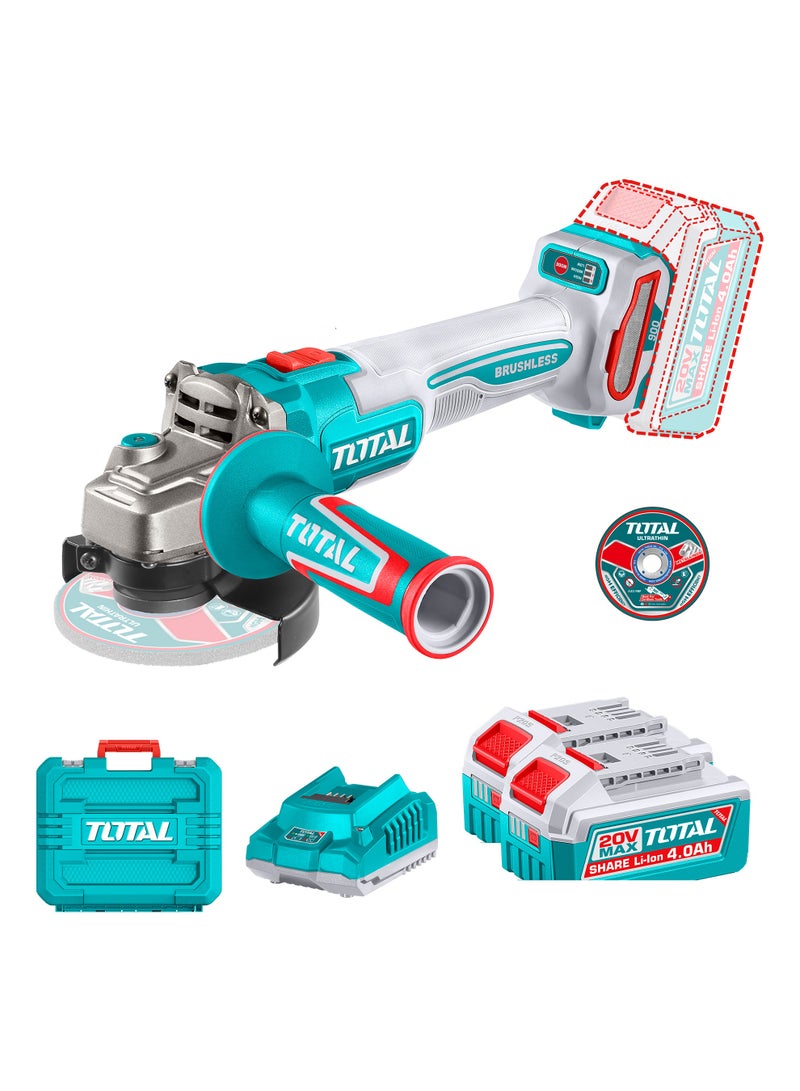 TOTAL 20V Cordless Angle Grinder, Brushless Motor, 900W Max Power, 115mm Disc, 3-Speed 3000/6000/9000rpm, with 2x4.0Ah Batteries, Charger, 5 Cutting Discs, Carrying Case - Image 1